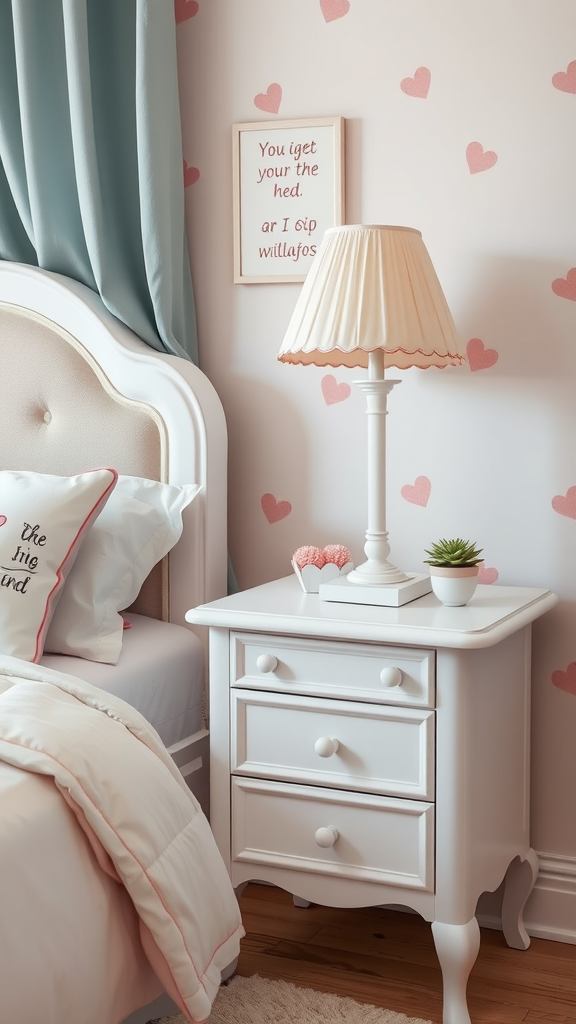 A charming white nightstand with a lamp and decorative items, set in a kawaiicore themed bedroom.
