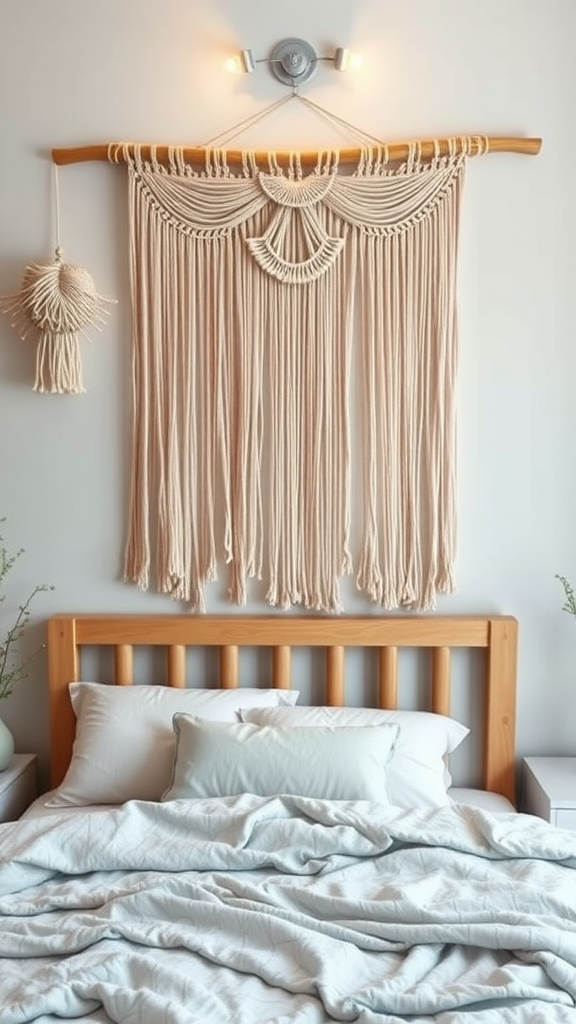 A cozy bedroom featuring macramé string art above a wooden bed with soft bedding.