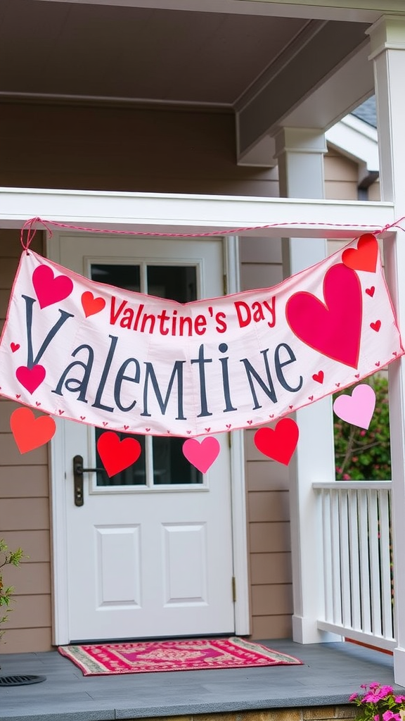 A Valentine's Day banner with red hearts hanging on a porch.