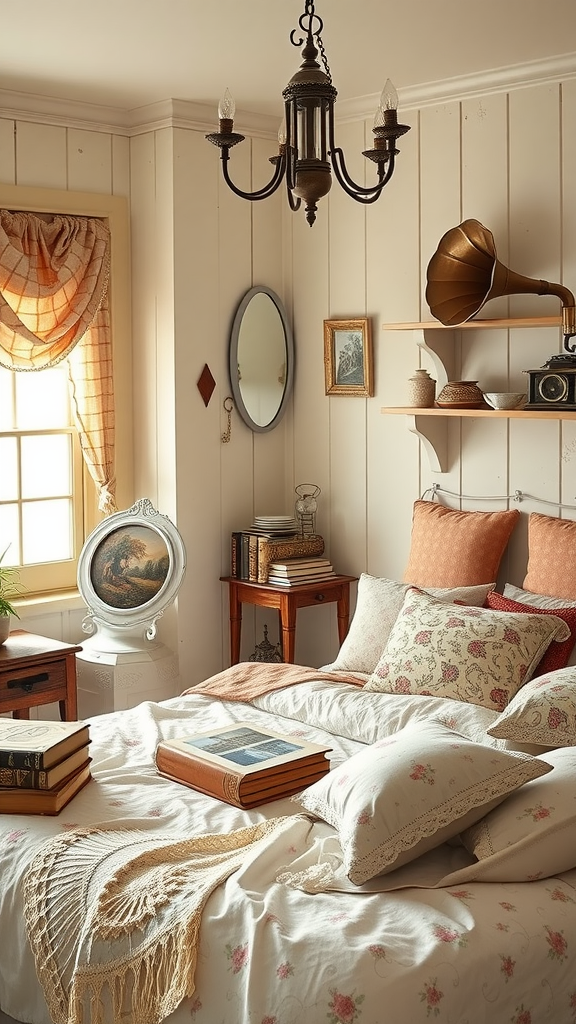 Cozy vintage bedroom with floral bedding, chandelier, and gramophone. Shabby chic bedrooms aesthetic