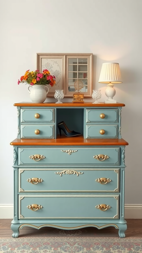 A charming vintage dresser with a blue finish and ornate gold handles, topped with flowers and a lamp.