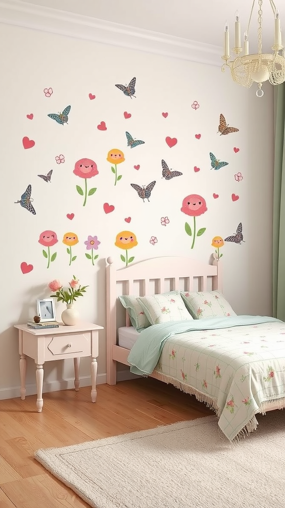 A cozy bedroom with charming wall decals featuring flowers, butterflies, and hearts. Shabby Chic Bedroom Ideas