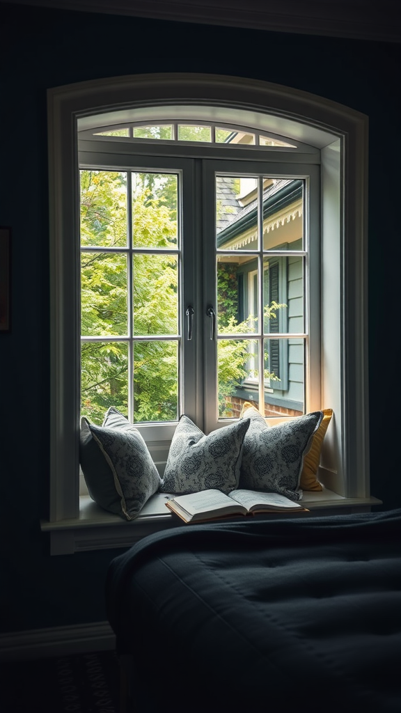 Cozy window seat with cushions and a view of greenery outside