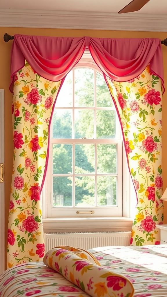 Bright floral curtains with pink accents framing a window in a cheerful bedroom