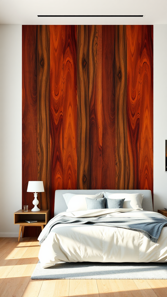 A cozy bedroom with a cherry wood accent wall, featuring a bed with gray linens and a nightstand with a lamp.