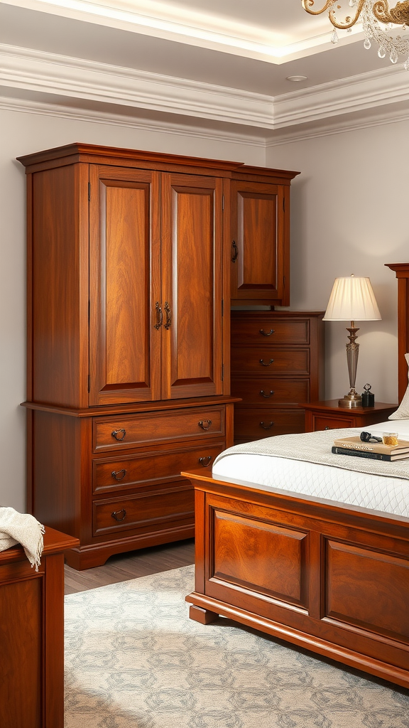 Cherry wood dresser and wardrobe in a stylish bedroom setting