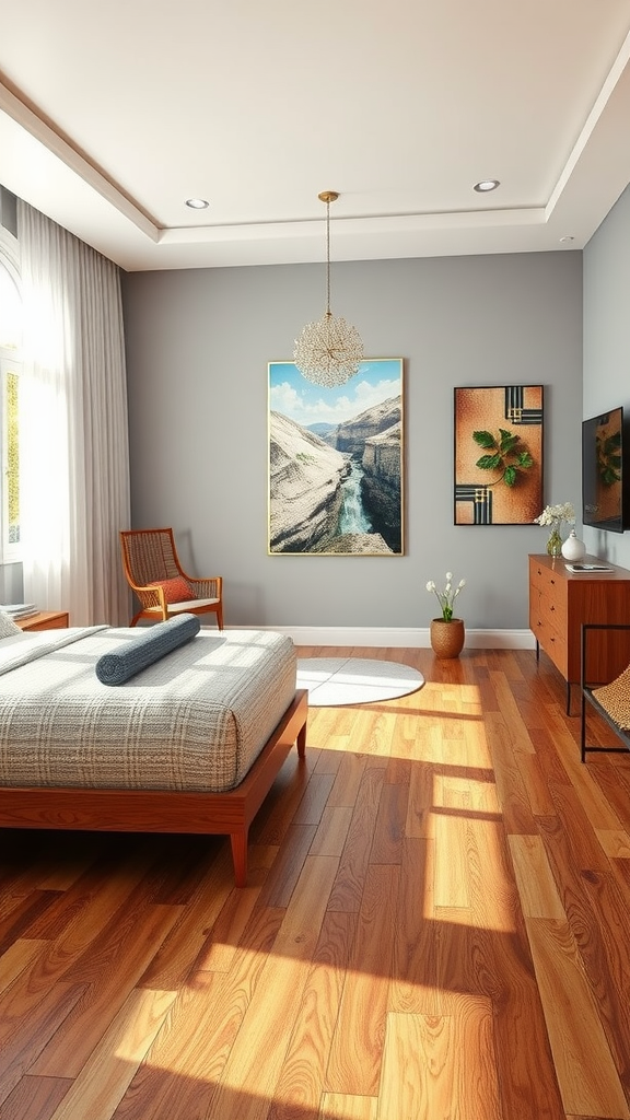 A cozy bedroom featuring cherry wood flooring, modern furniture, and natural light.