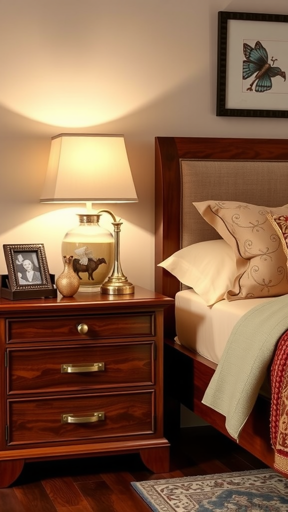 A cherry wood nightstand with a lamp, framed photo, and decorative items next to a bed.