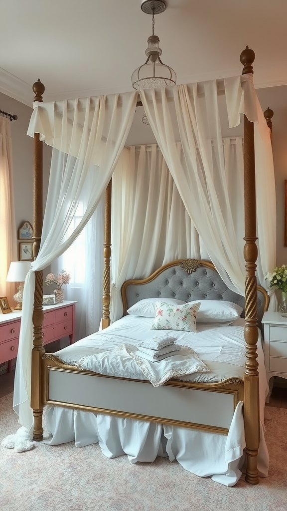 Chic canopy bed with draped curtains and a floral pillow