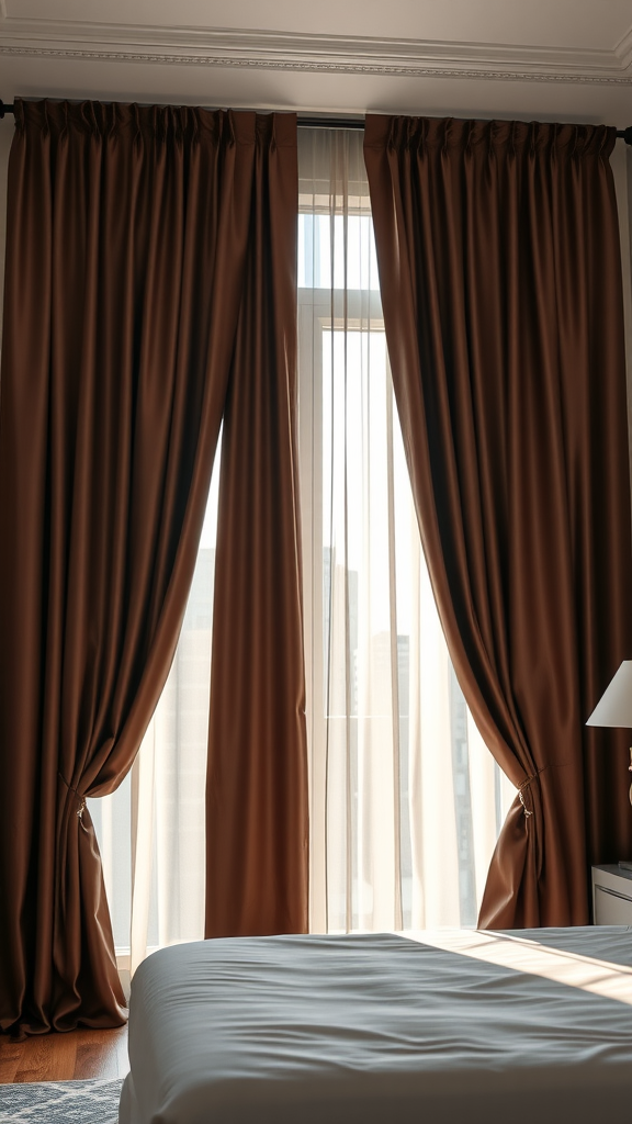 Chic chocolate brown curtains draping a window with sheer panels in a cozy bedroom