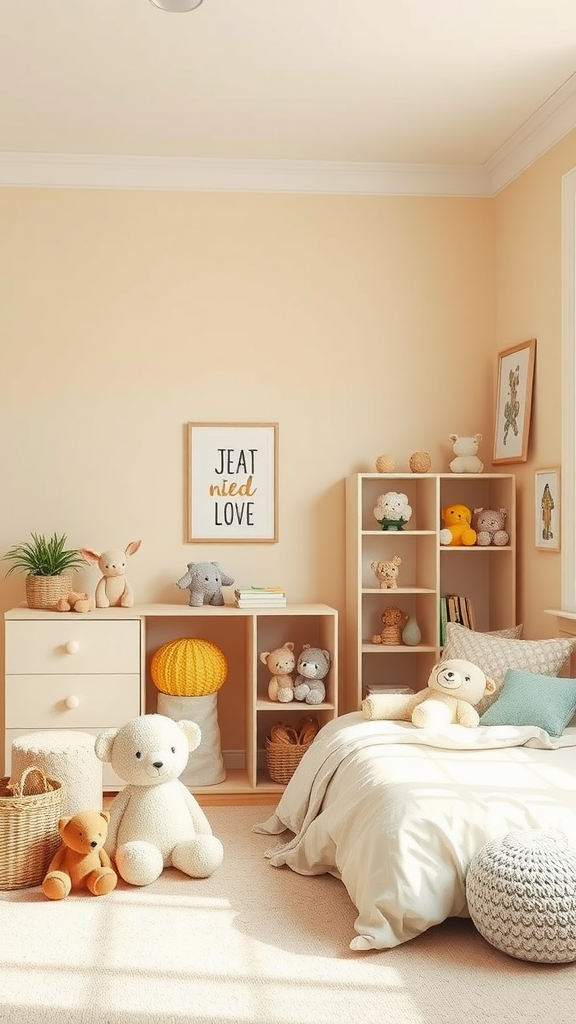 A cozy child's bedroom featuring beige walls, playful stuffed animals, and a soft bed.