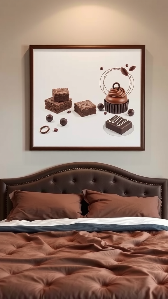 A chocolate-themed wall art featuring brownies, a cupcake, and chocolate truffles above a chocolate brown bed.