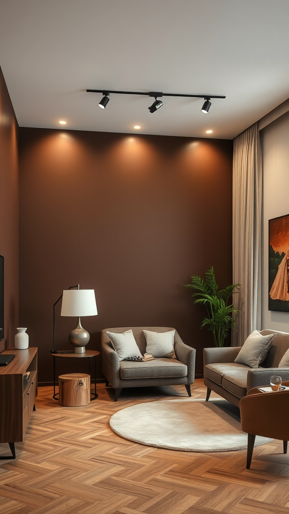 A cozy living room featuring a chocolate brown accent wall with stylish furniture and modern lighting.