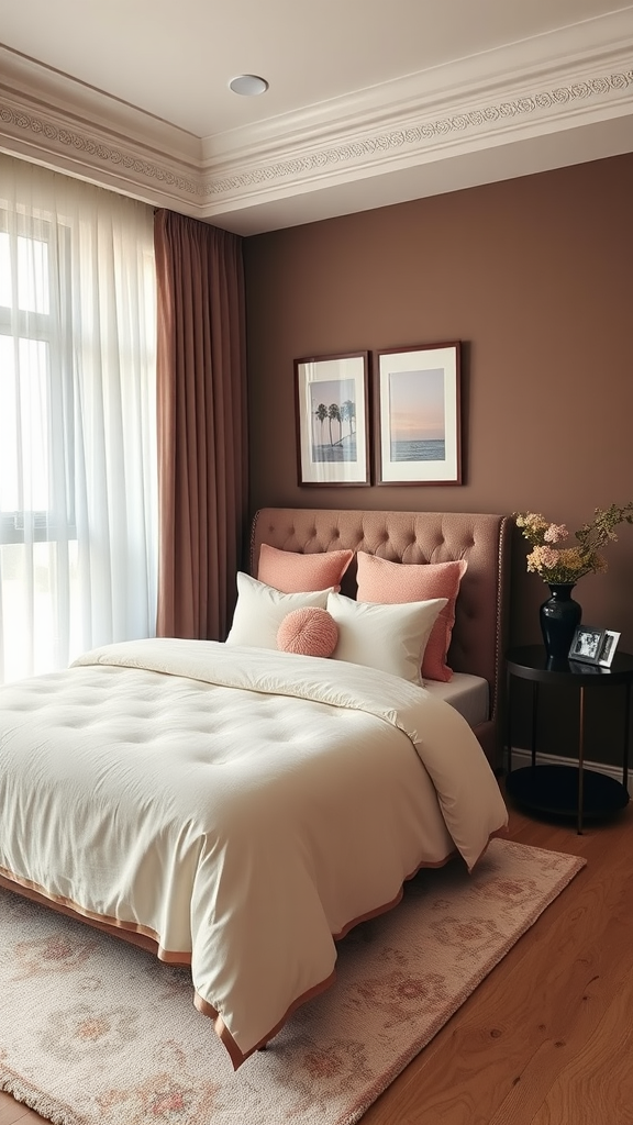 A cozy bedroom featuring chocolate brown walls and blush pink accents, with light bedding and decorative pillows.