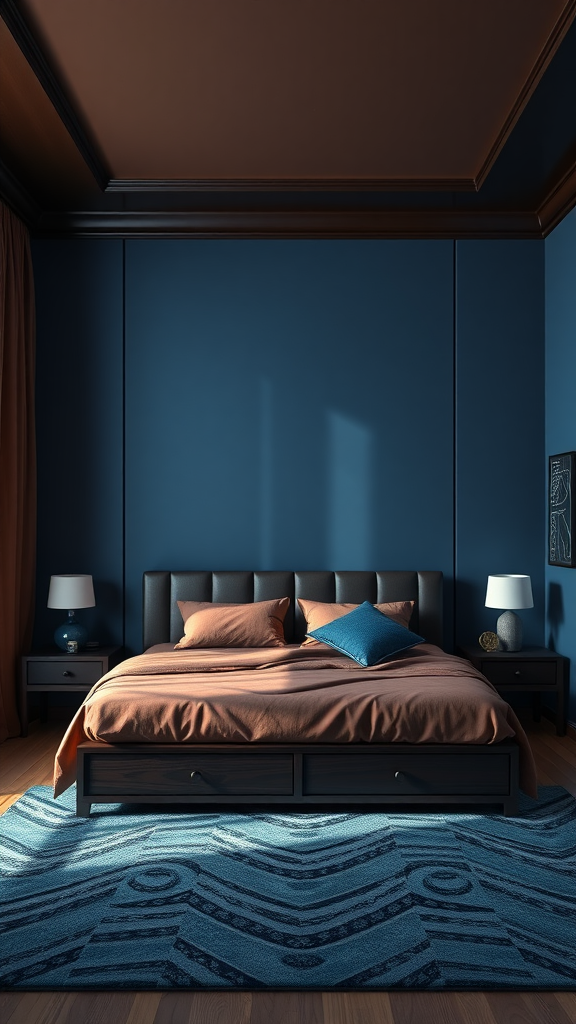 A cozy bedroom featuring a chocolate brown bedspread and deep blue walls, complemented by stylish lighting and a patterned rug.