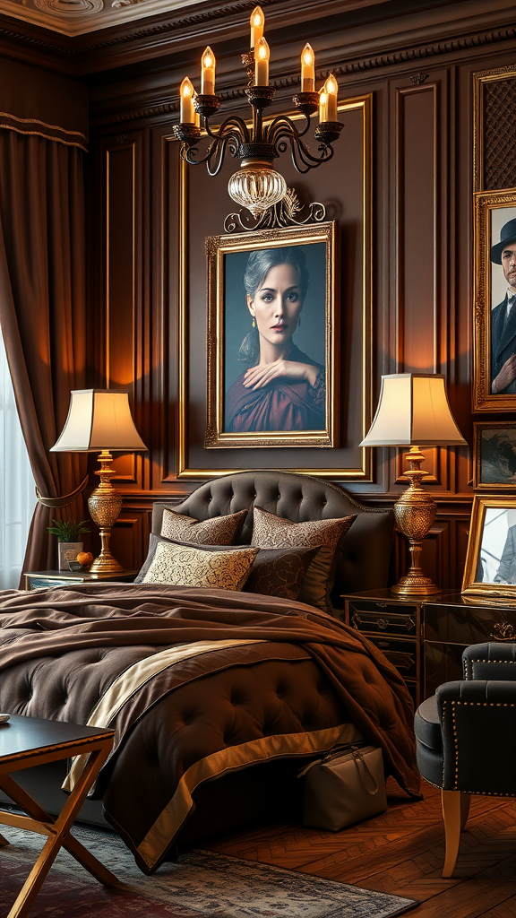 A luxurious bedroom featuring chocolate brown decor with gold accents, including a plush bed, decorative pillows, and elegant lighting