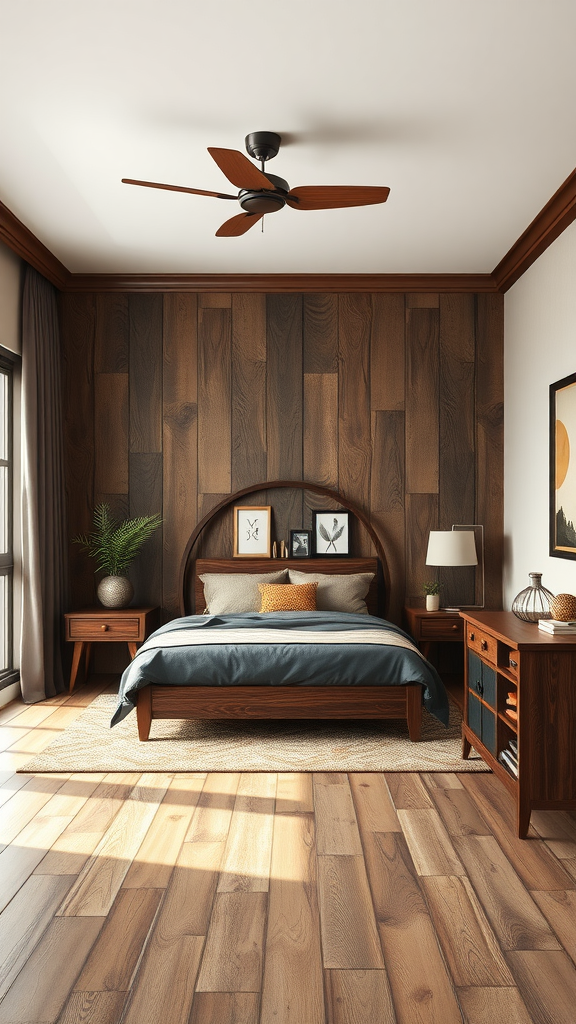 A cozy bedroom featuring chocolate brown walls, rustic wood furniture, and warm lighting.