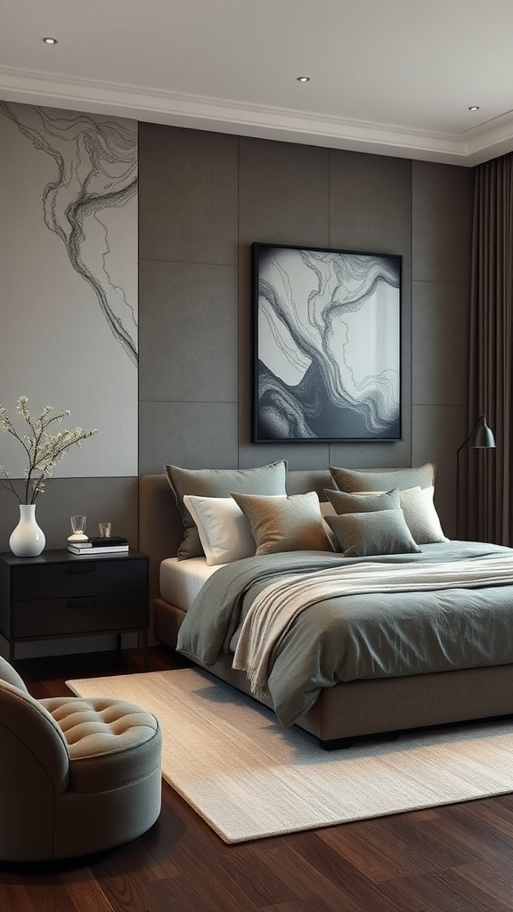 A stylish bedroom featuring chocolate brown and soft gray decor, with a cozy bed, elegant artwork, and modern furnishings.