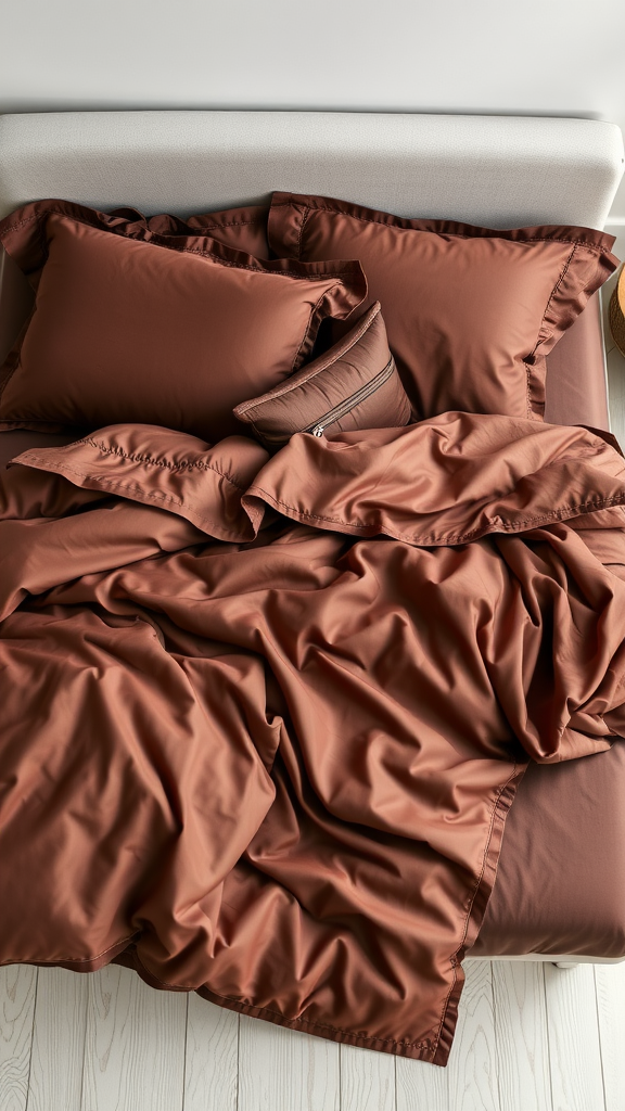 Cozy chocolate brown bedding with pillows and duvet on a bed