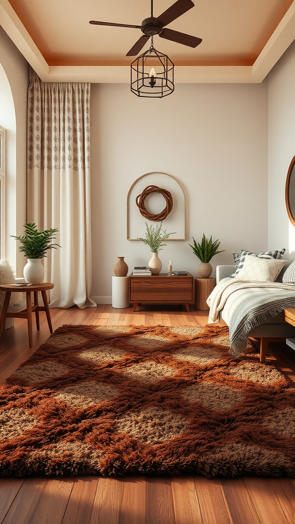 A cozy bedroom featuring a chocolate brown rug, wooden flooring, and plants, creating a warm and inviting atmosphere.