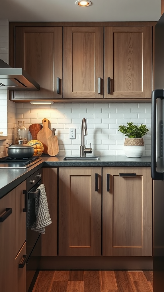 A small kitchen with dark wood handles, light wood cabinetry, and a white backsplash.