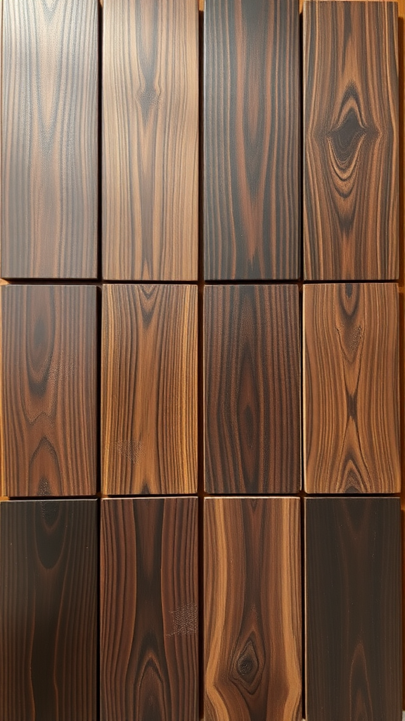 A variety of dark wood samples arranged in a grid.