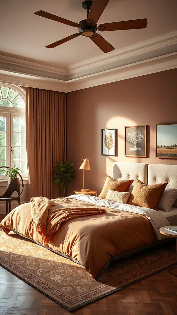 A cozy bedroom with chocolate brown walls and cinnamon-colored bedding.