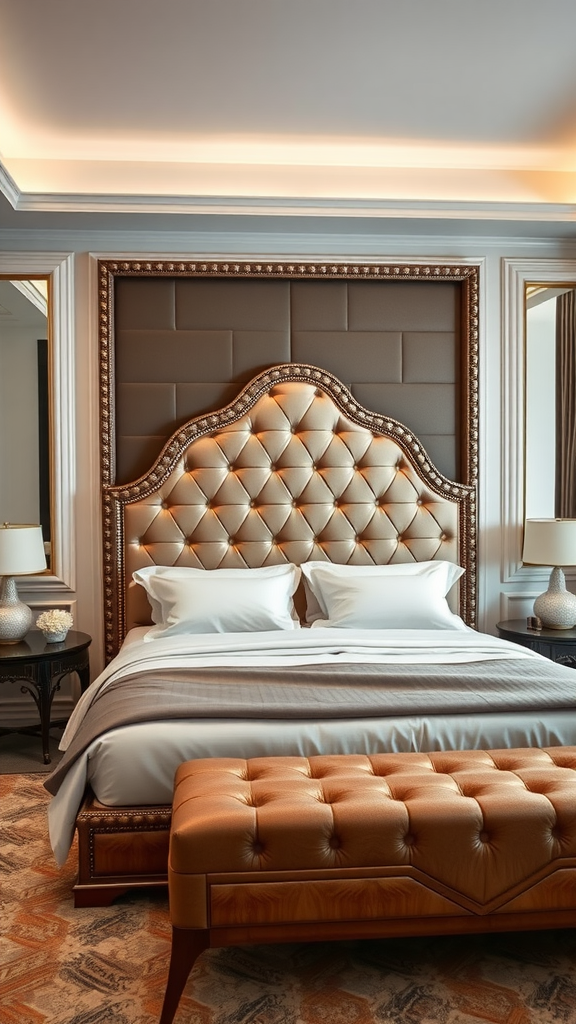 A luxurious bedroom featuring a tufted headboard with elegant design, soft bedding, and warm lighting.