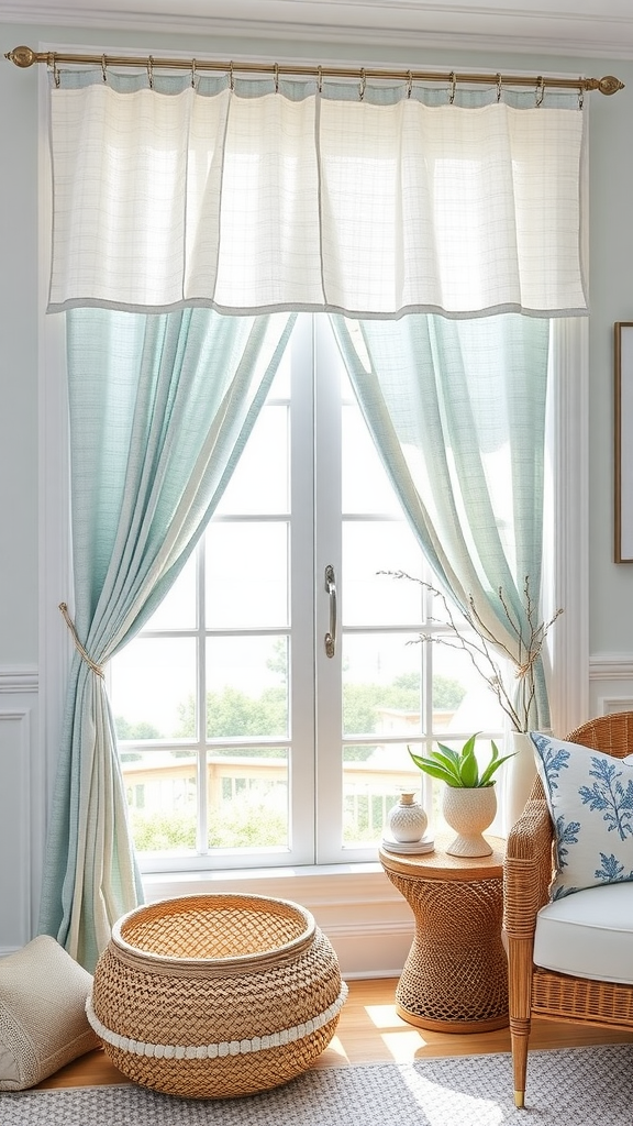 Coastal-inspired window treatments with soft blue and white curtains in a bright room.