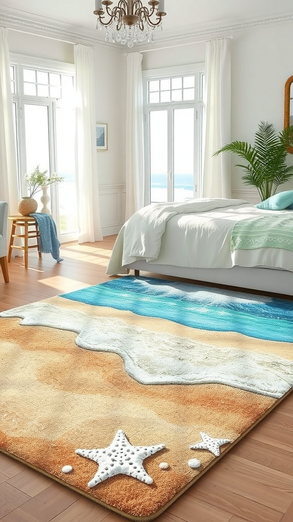 A coastal-themed rug depicting a beach scene with waves and starfish in a bright bedroom