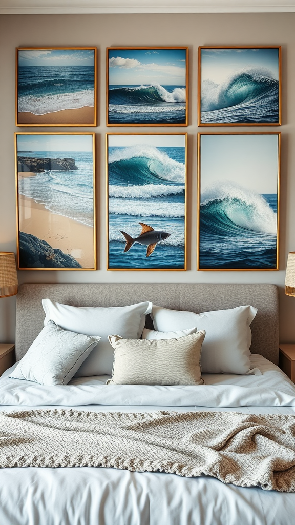 Framed coastal artwork above a neatly made bed in a bedroom