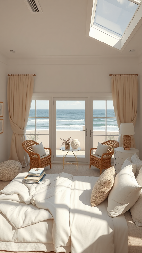 A cozy beige bedroom with rattan chairs and a view of the beach