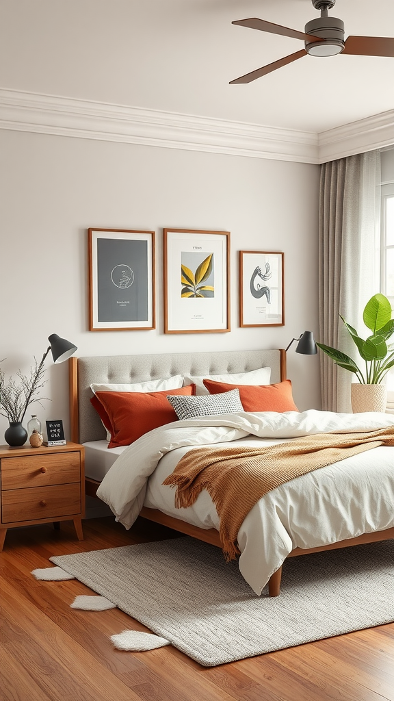 A classy bedroom featuring a wooden bed, warm color accents, wall art, and a plant.