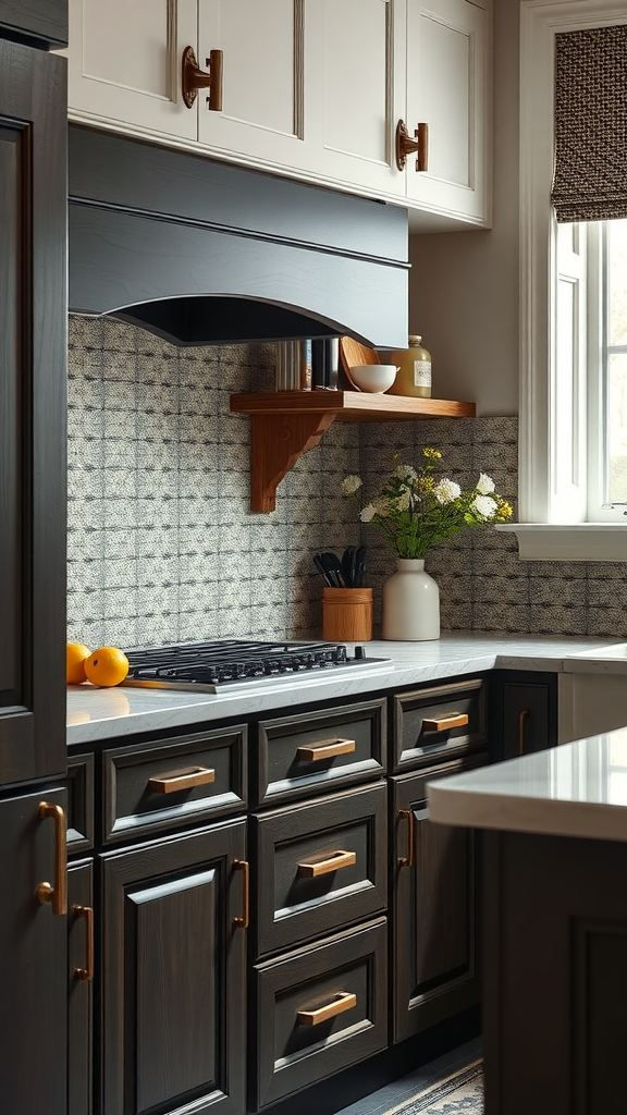 Modern kitchen featuring dark wood cabinets and handles, light countertops, and decorative elements