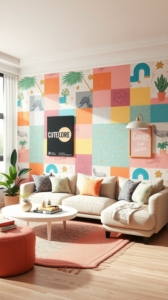 A colorful accent wall in a cutecore living room with playful patterns and bright colors.