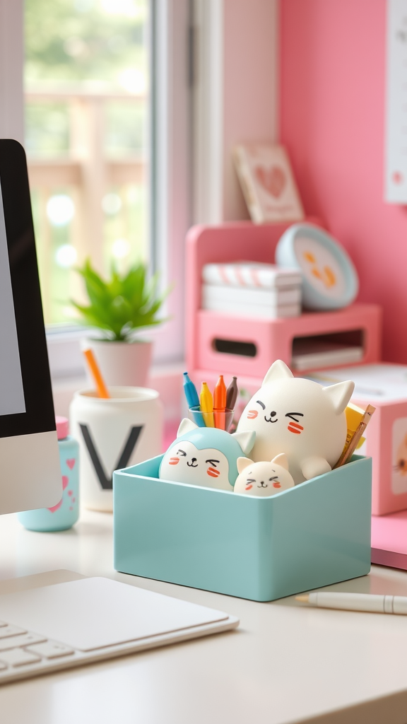 A colorful desk setup with cute cat figurines and vibrant stationery