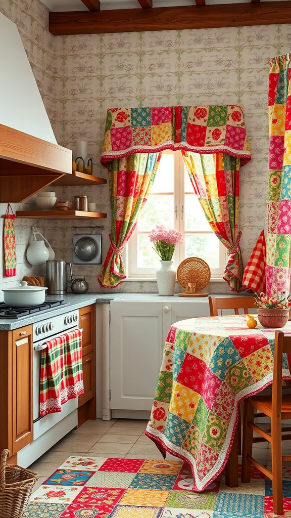A colorful kitchen with patchwork textiles, including curtains and a tablecloth, creating a warm and inviting atmosphere.