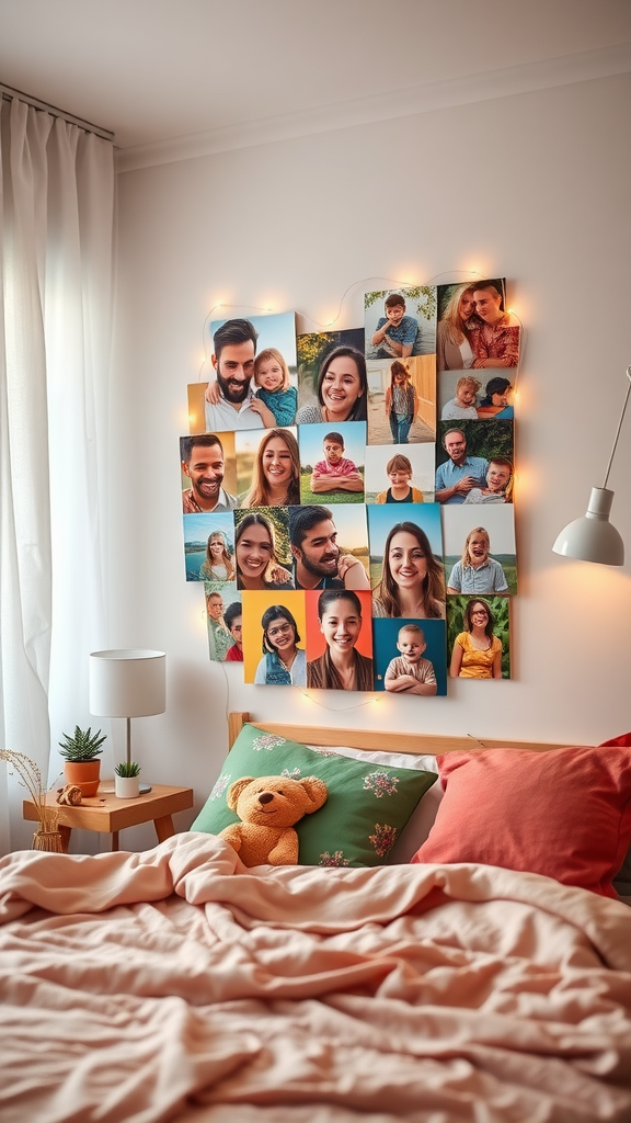 A colorful photo collage on the wall of a bedroom, surrounded by lights, with a cozy bed and teddy bear.