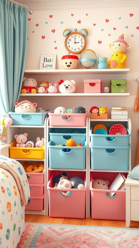 Colorful storage solutions in a kawaiicore bedroom with bins and plush toys.