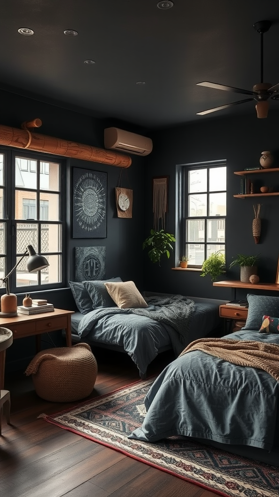 A cozy, moody bedroom featuring dark walls, two beds with textured bedding, decorative wall art, and plants.