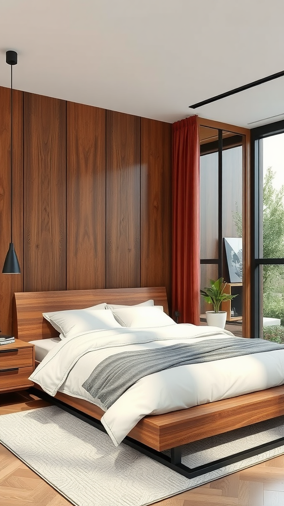 A modern cherry wood bedroom featuring a sleek bed, natural light, and accents of greenery.
