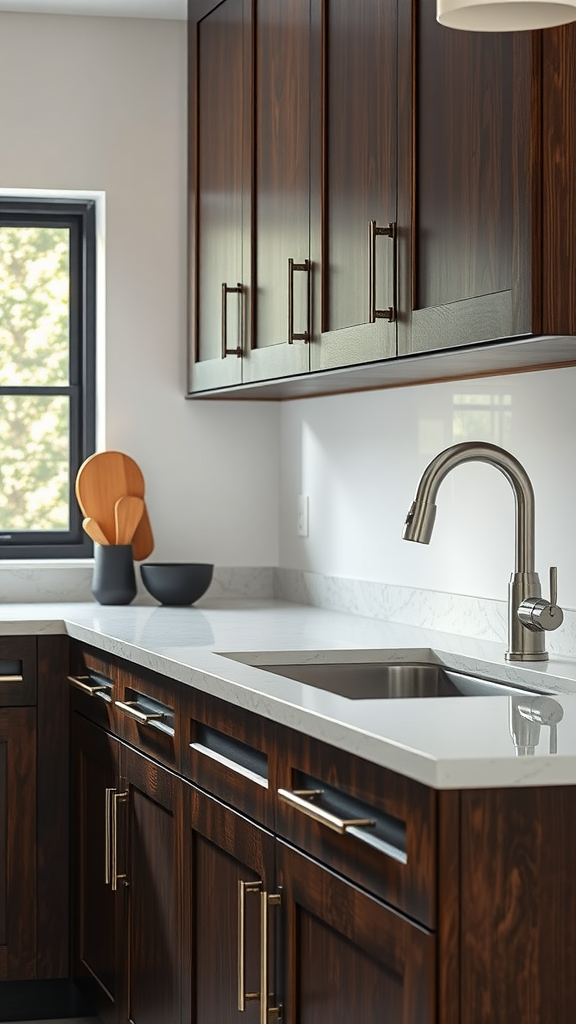 A modern kitchen featuring dark wood cabinets with metal accents and a sleek countertop.