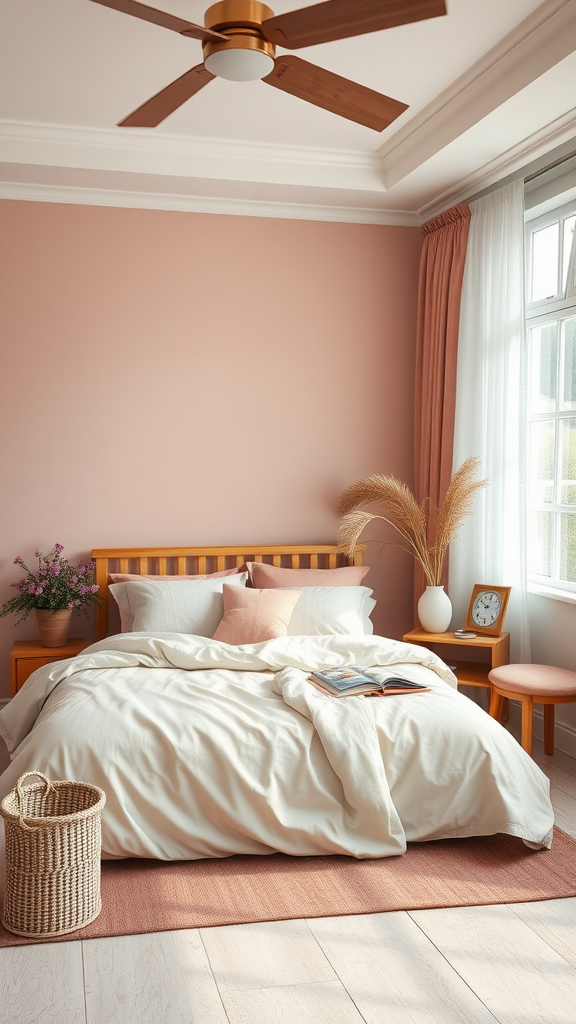 A cozy bedroom featuring dusty pink walls, a wooden bed, soft bedding, and earthy decor.