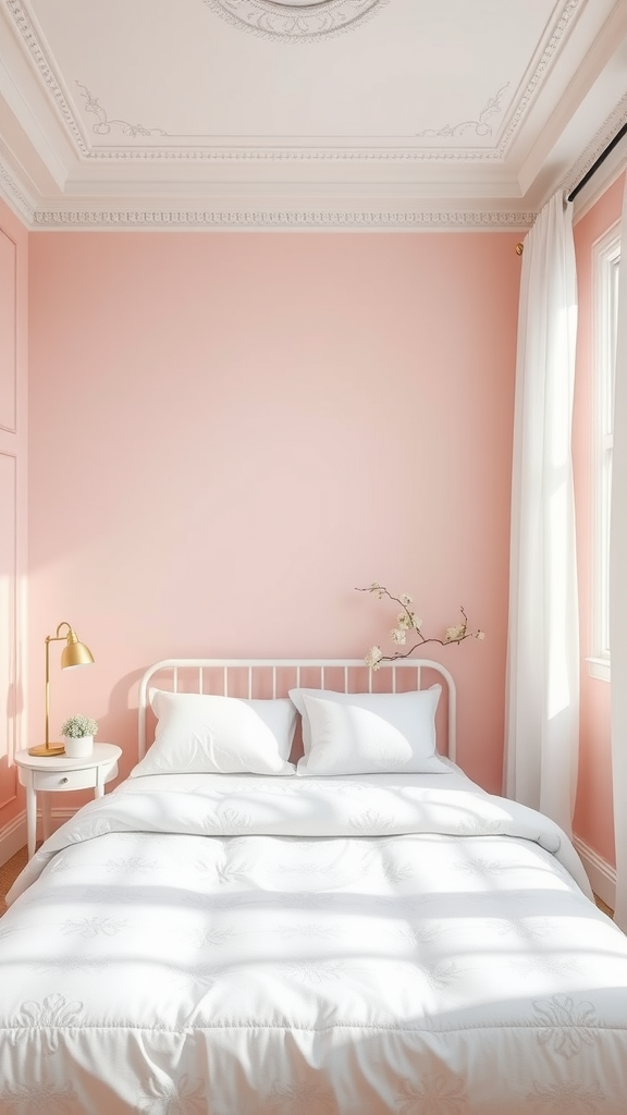 A cozy bedroom featuring dusty pink walls and white bedding, creating a fresh and airy atmosphere.