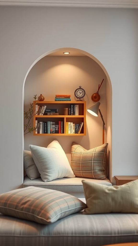 Cozy nook space with a built-in bookshelf, soft pillows, and warm lighting.