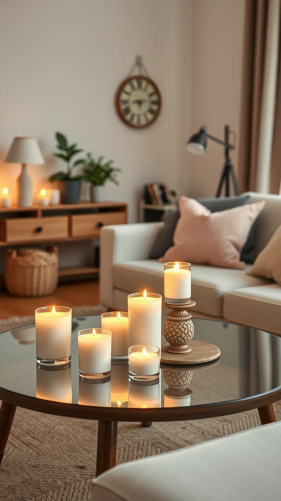 A cozy living room with various scented candles on a glass table, surrounded by soft furnishings and plants.
