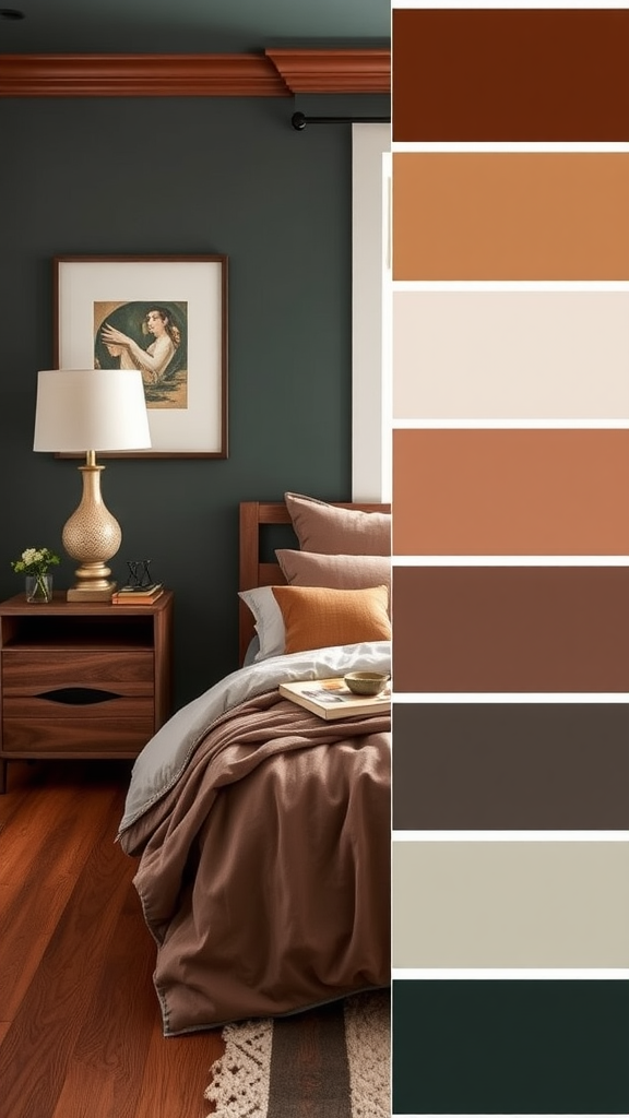 Cozy cherry wood bedroom with deep green walls and a color palette for complementing cherry wood