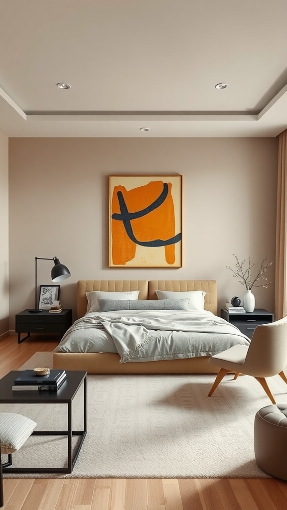 A contemporary beige bedroom featuring a large orange artwork above the bed, minimalist furniture, and soft textures.