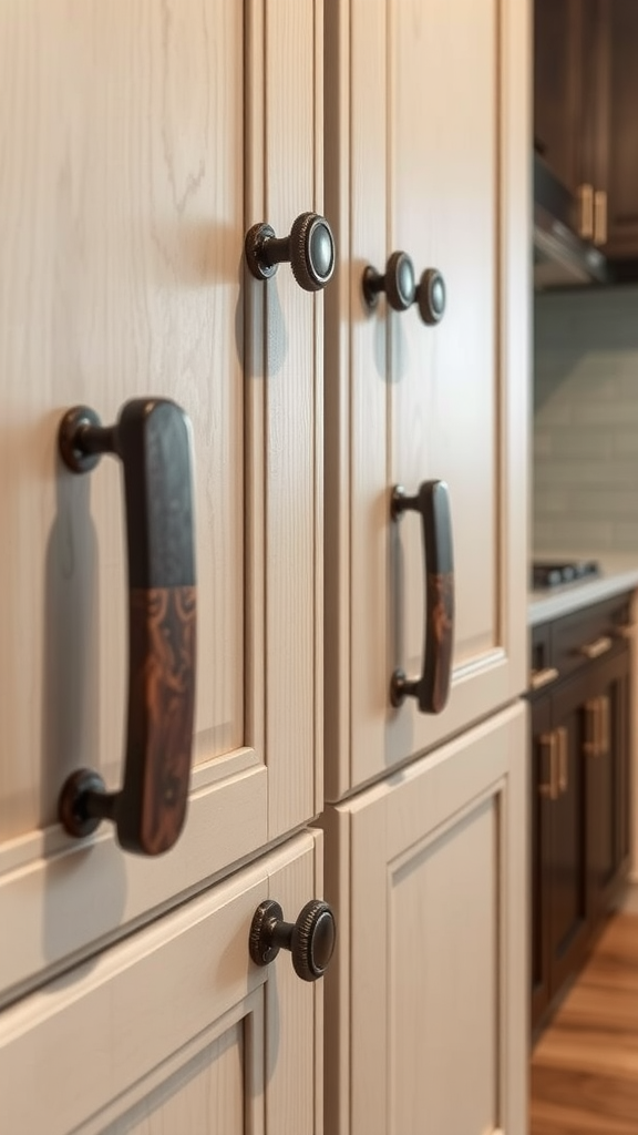 Close-up of light kitchen cabinets with dark wood handles and knobs