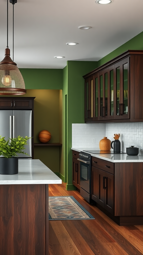 A kitchen featuring dark wood cabinets and green walls, creating a warm atmosphere.